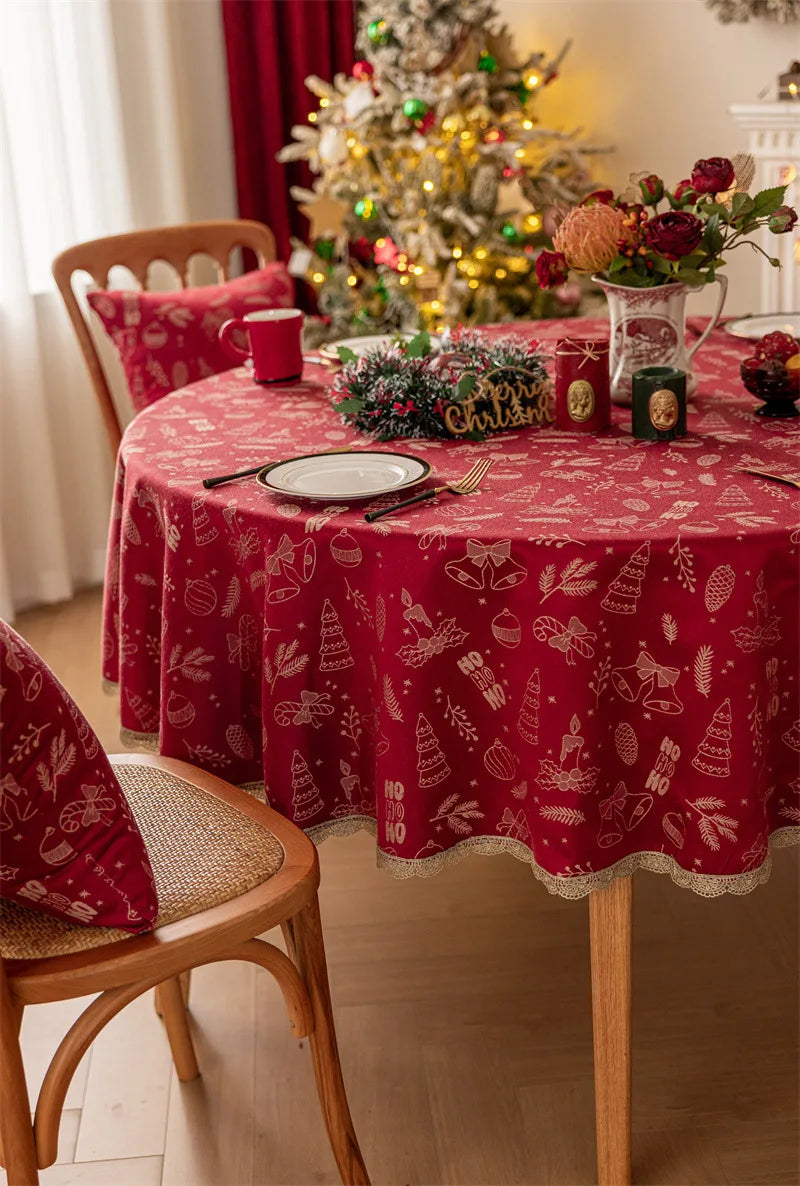 Mantel redondo navideño de Jacquard rojo, mantel impermeable con borde dorado de ciervo, con decoraciones de Navidad y forro de cojines