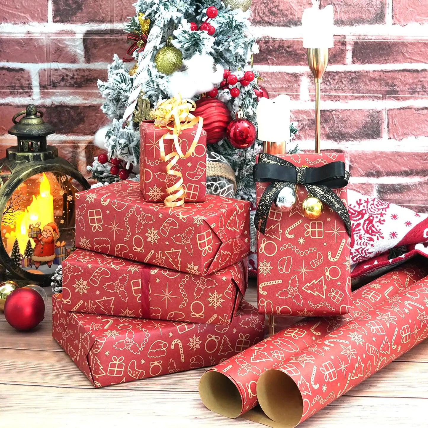 1 rollo de papel Kraft navideño de 43 cm x 15 mts aprox., papel de reg ...