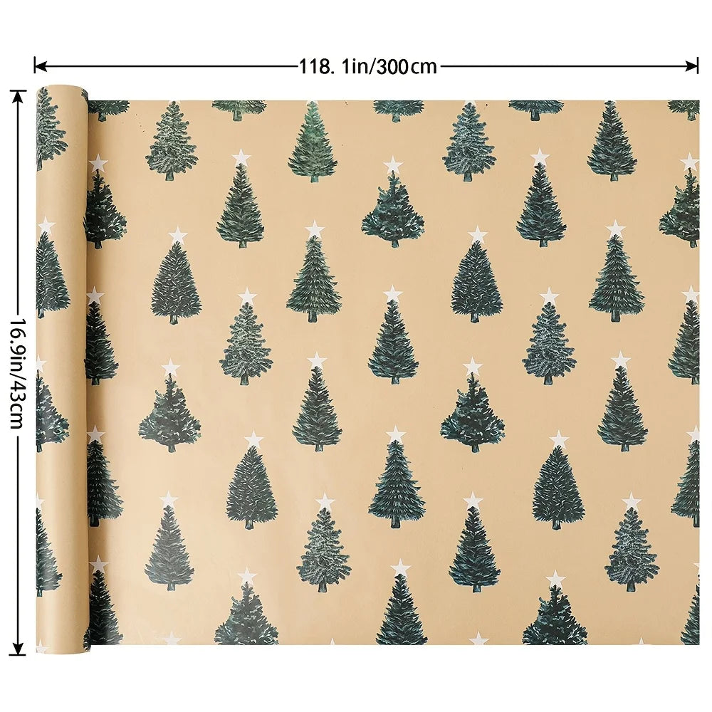 Papel de regalo navideño verde festivo con estampado de árbol, 17 x 118,1 pulgadas,  (43,18 x 299.974 cm)