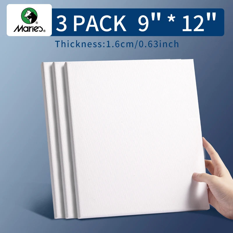 Paquete de 3 lienzos estirados Marie con 6x6", 8x8", 12x12", 12x16", 100% algodón imprimado blanco rectangular con marco de madera