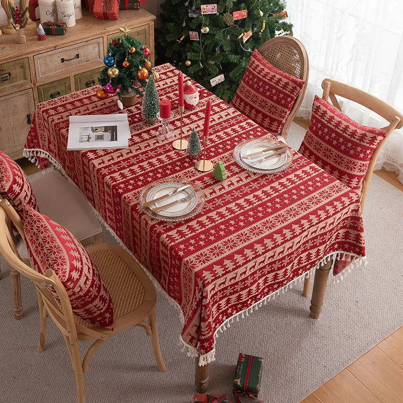 Mantel rojo navideño,  Jacquard, encaje dorado