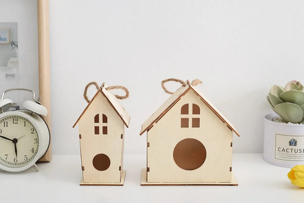 Casa para pájaros de madera con cuerda de cáñamo para colgar, pintar