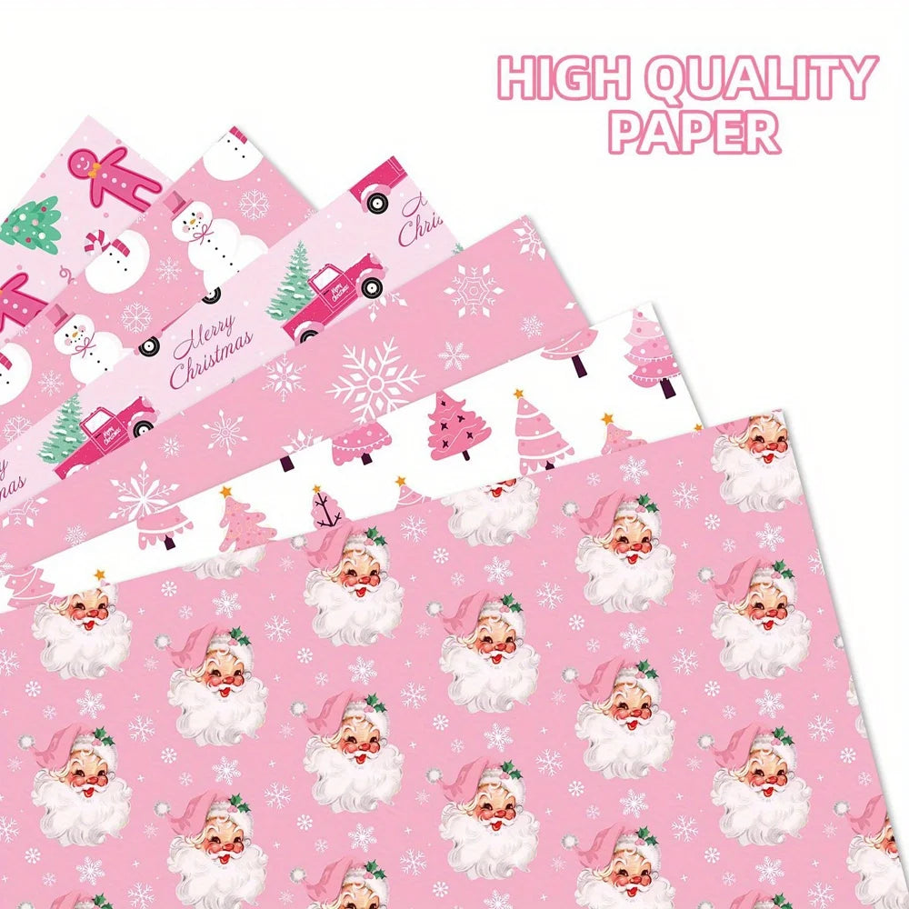 Juego de papel para envolver regalos de Navidad rosa, 6 uds.