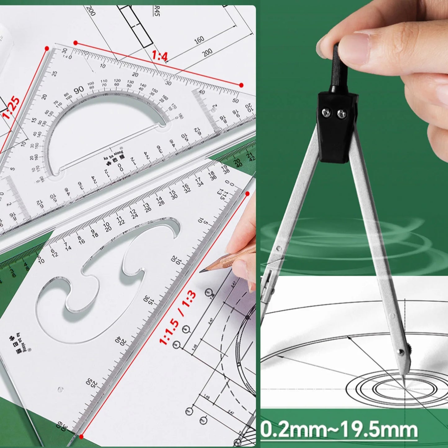 Juego de geometría con brazo oscilante de 7,8 pulgadas, juego de divisor transportador, regla de cuadrados, compás