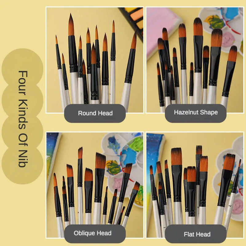 Juego de pinceles de nailon para pintura al óleo, juego de suministros de arte, 12 piezas