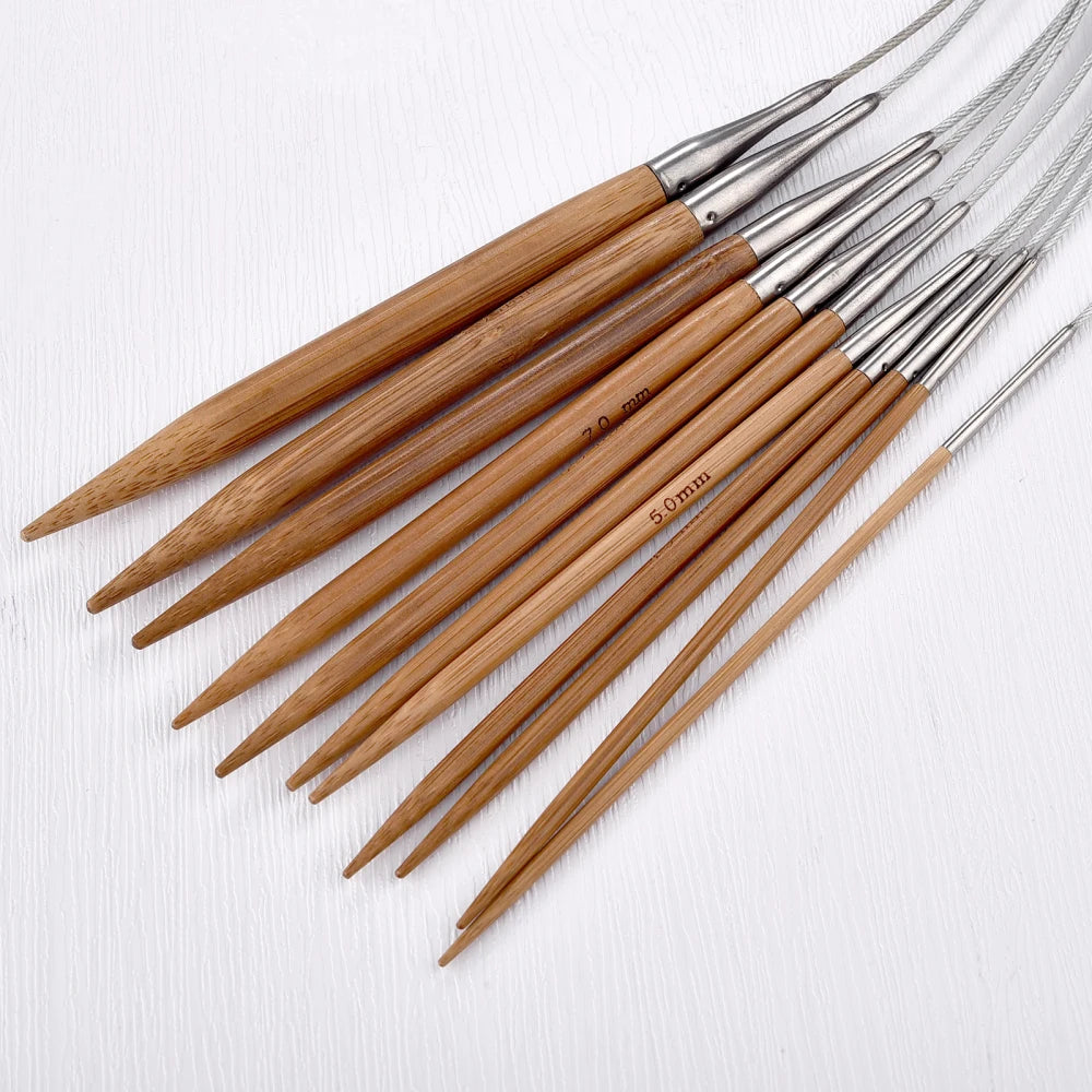 Palillos de tejer de bambú de 3-10mm, agujas circulares con aro de tubo de acero inoxidable para tejer a mano