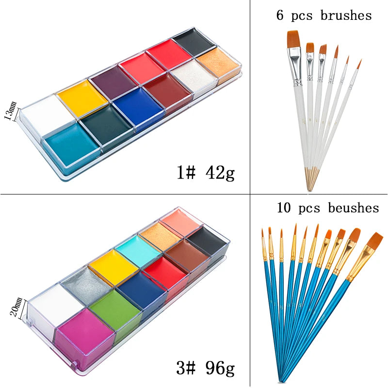 Kit de pintura con pinceles para niños y adultos, maquillaje corporal, arte corporal, ingrediente seguro, 12/20 colores