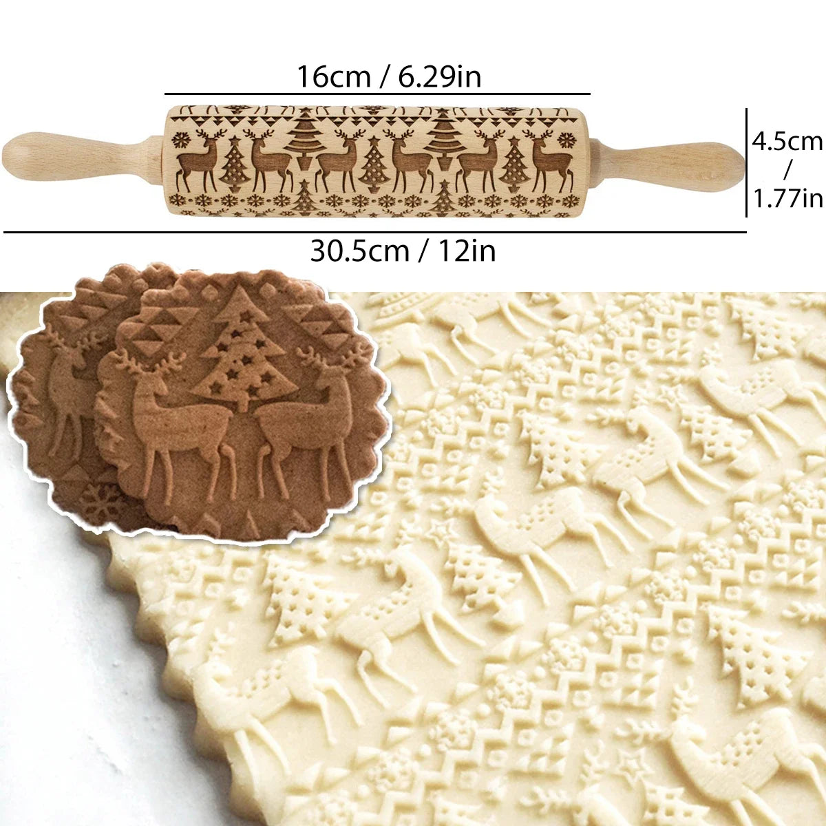1 Uds. Rodillo navideño de madera con patrones de flores, de reno para pastelería, molde para galletas 3D en relieve