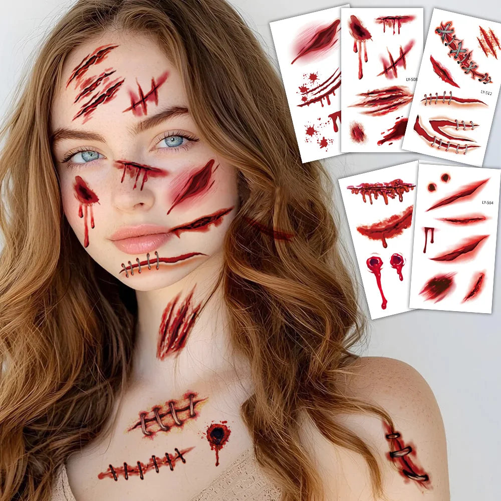 Tatuajes Temporales 3D de Cicatrices y heridas para Halloween - 12 Hojas,