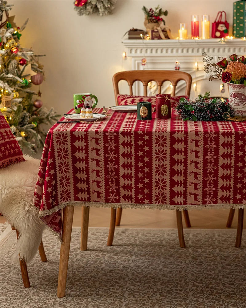 Mantel rojo navideño,  Jacquard, encaje dorado