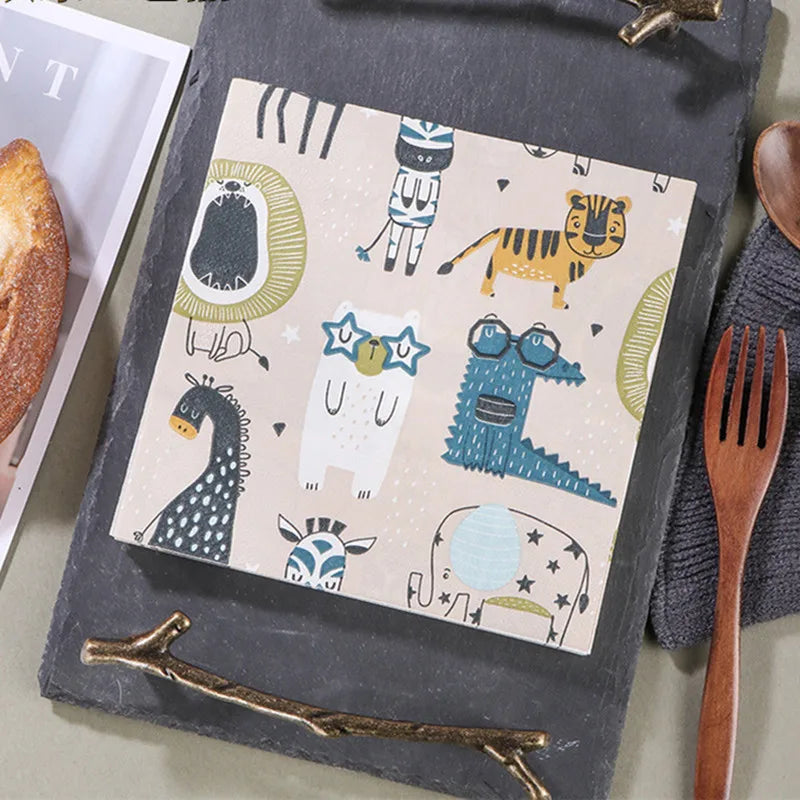 20 unids/pack de servilletas de papel con estampado de animales de dibujos animados, fiestas y decoupage