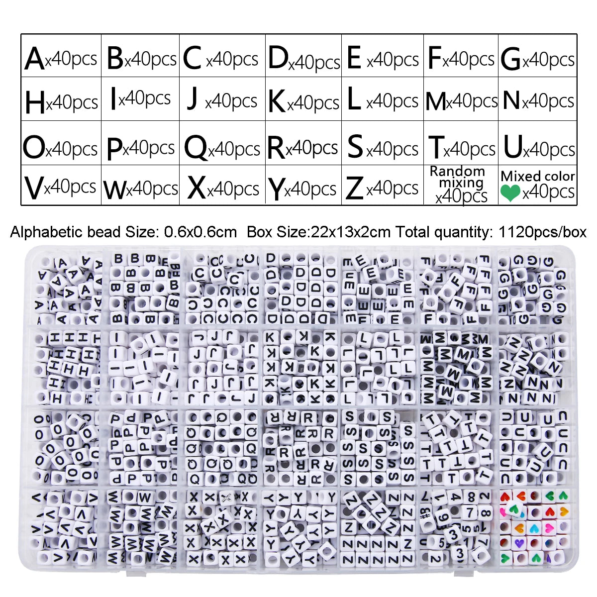 1120, 1200 1400 Uds. aprox. Cuentas acrílicas de 26 letras en forma de corazón, cuentas cuadradas, cuentas planas, material de joyería