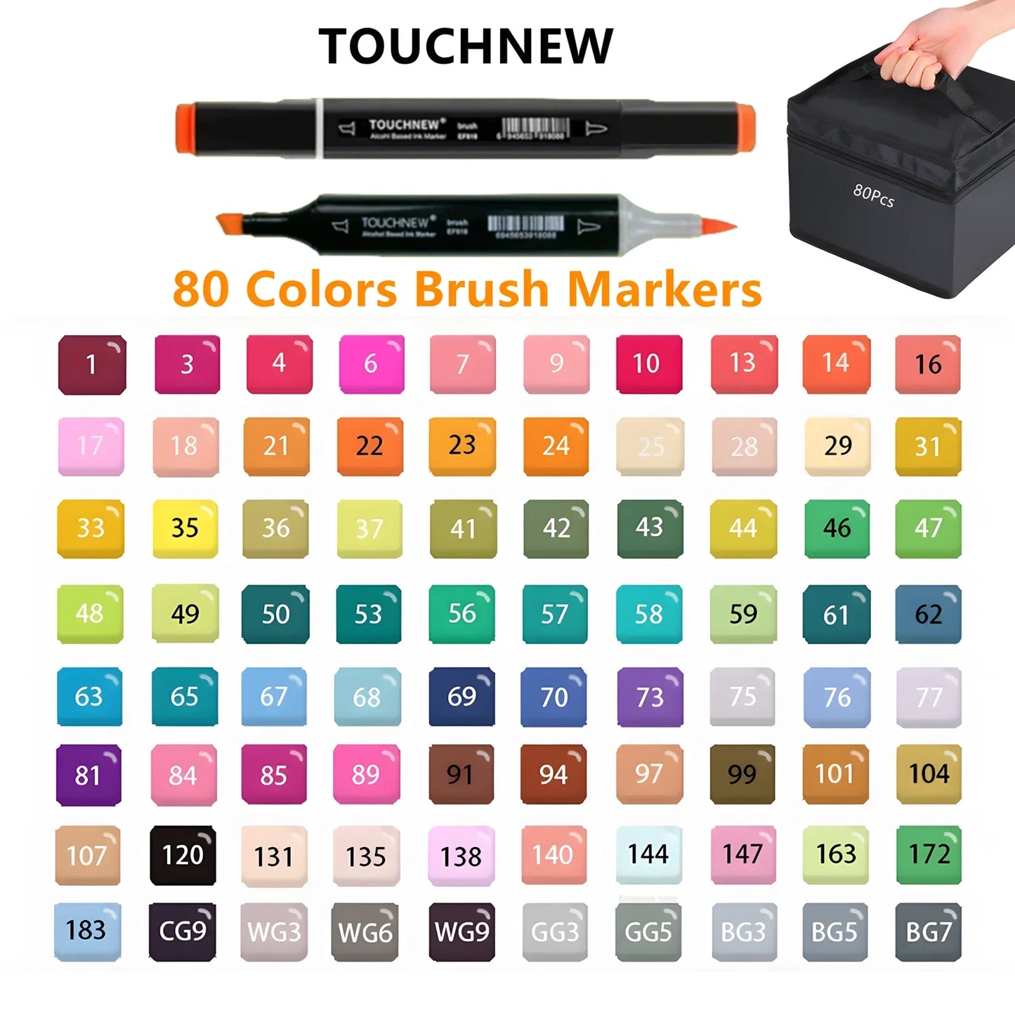 Rotuladores de doble punta suave, TOUCHNEW 30/60/80 colores con punta pincel y cincel para artistas adultos