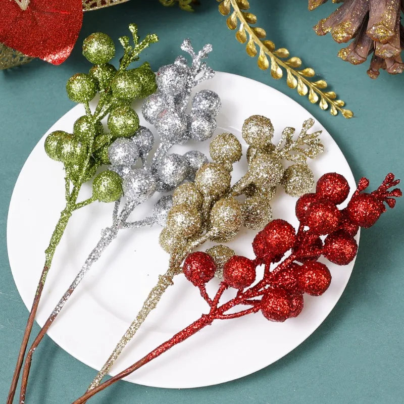 Brillo Artificial de Navidad, ramas de bayas rojas, polvo dorado, bayas de acebo, flores falsas, adornos de árbol de Navidad