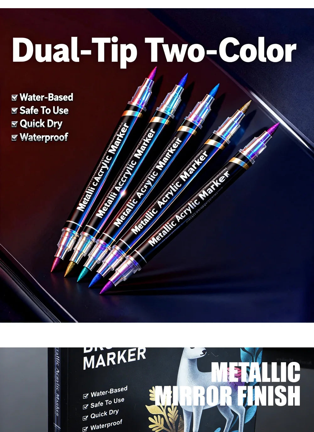 Rotulador acrílico con tinta a base de agua, disponible en 6, 12 y 24 colores, con doble punta