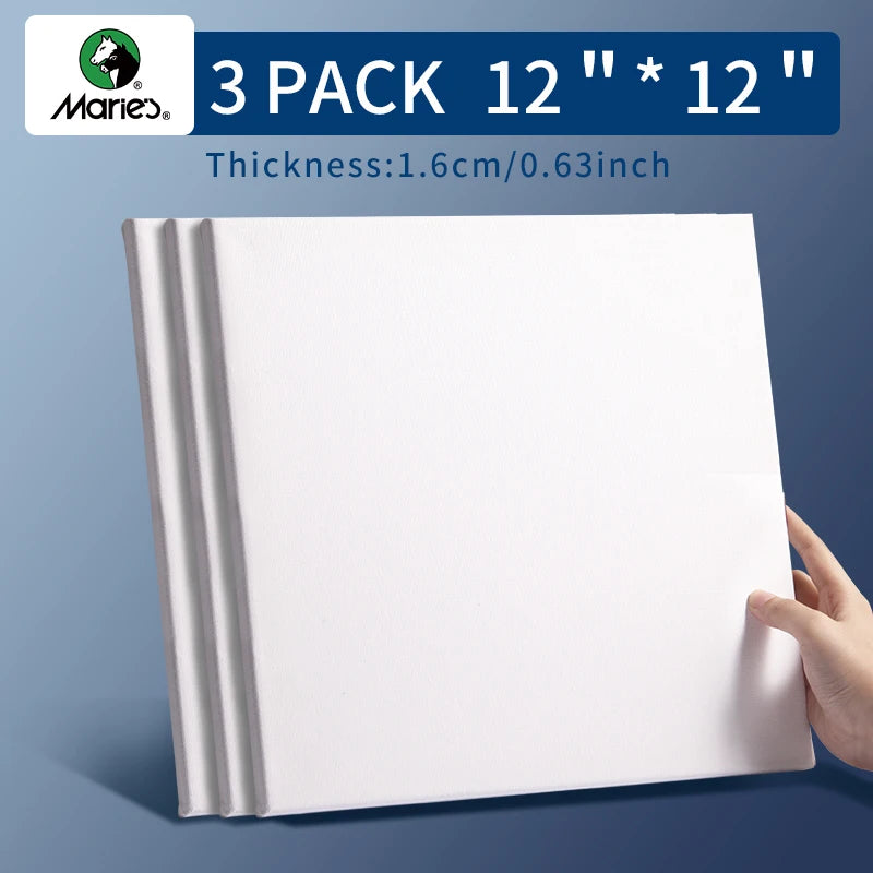 Paquete de 3 lienzos estirados Marie con 6x6", 8x8", 12x12", 12x16", 100% algodón imprimado blanco rectangular con marco de madera