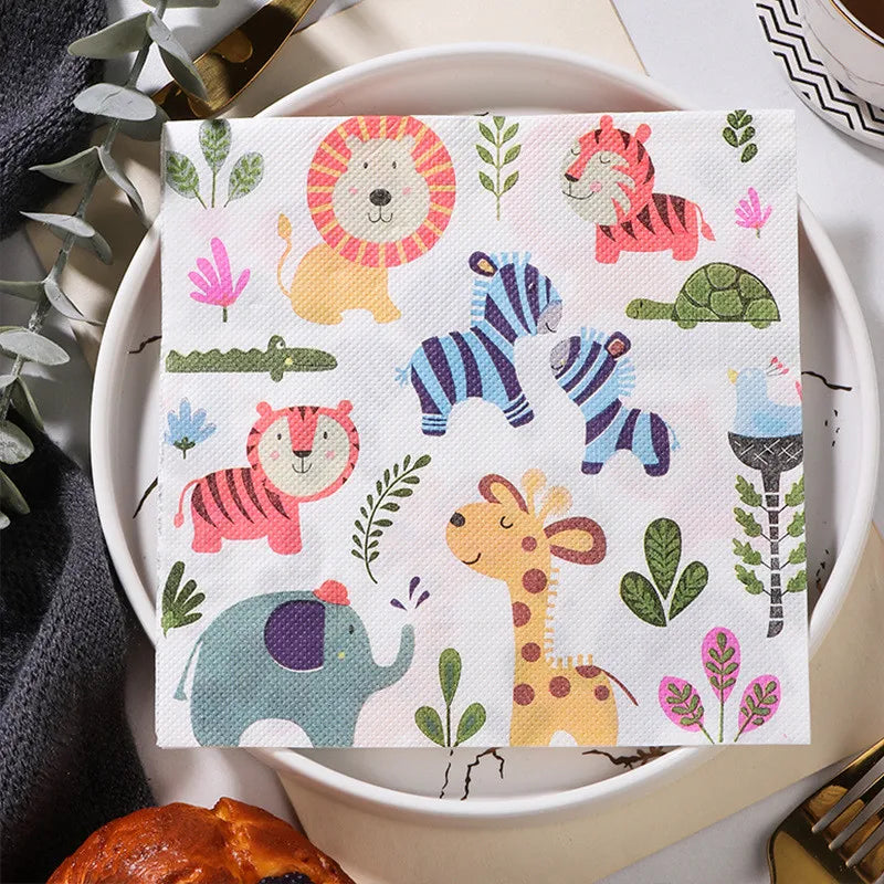 20 unids/pack de servilletas de papel con estampado de animales de dibujos animados, fiestas y decoupage