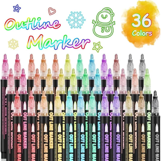 12/24/36/48 colores, marcadores de contorno de doble línea, marcadores de brillo, marcadores metálicos de contorno