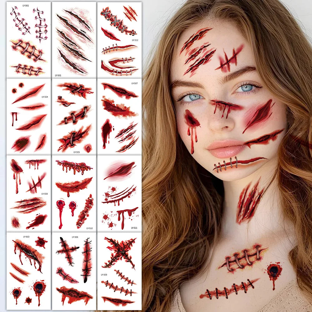 Tatuajes Temporales 3D de Cicatrices y heridas para Halloween - 12 Hojas,
