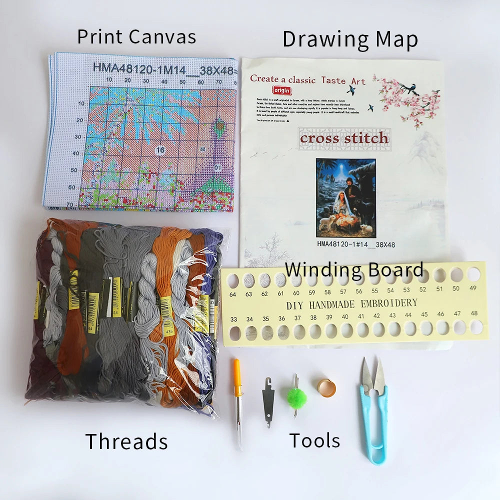 Kit de punto de cruz con patrón de niñas abstracta, juego de bordado de tela completamente impresa de 14 y 11ct