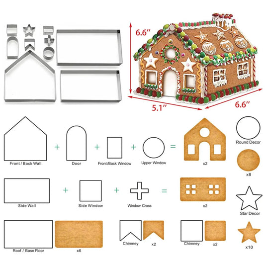 Cortador de galletas navideño 3D, juego de cortadores de galletas de casa de jengibre de 10 piezas