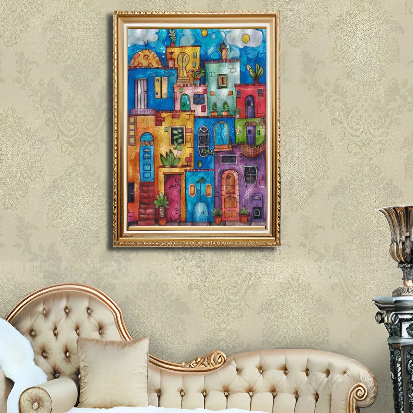 Bordado de punto de cruz, Kit de costura artesanal con dibujo de casas coloridas, decoración impresa en lienzo 11CT