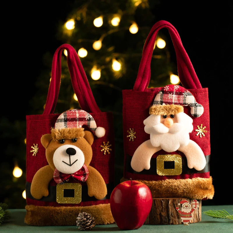 Bolsa de regalo de Navidad, tela de lino, bolso de dulces para niños de Nochebuena