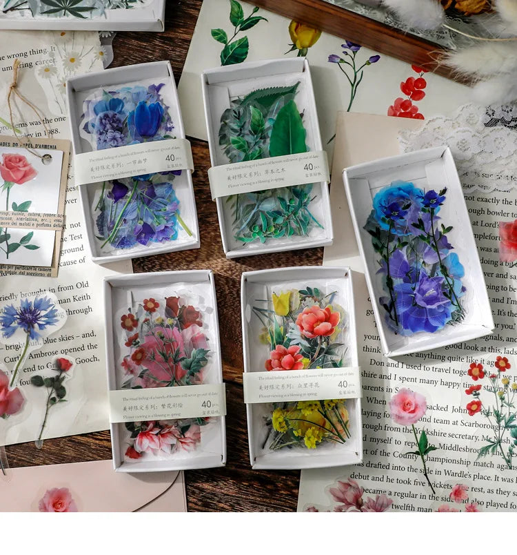 40 hojas de stickers vintage de plantas y flores