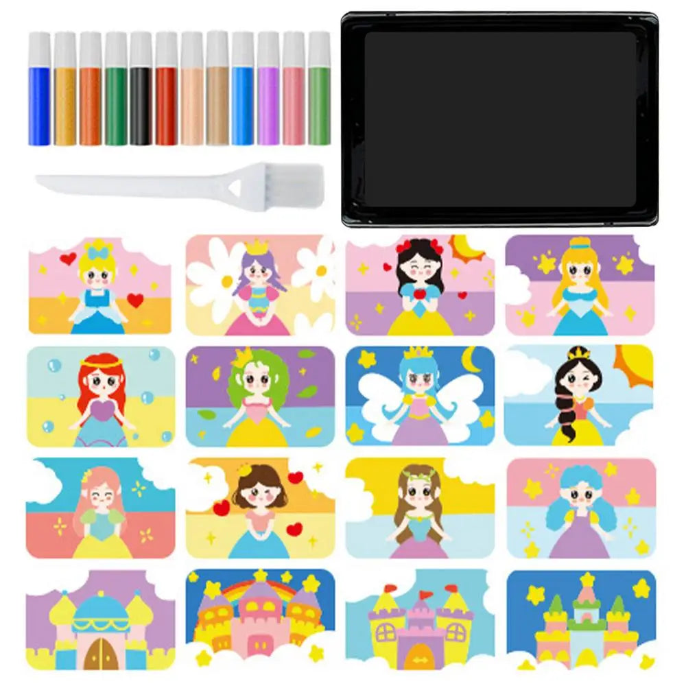 Kits de arte de arena para niños, 12 colores de arena, 16 imágenes , 1 bandeja, 1 herramienta de arte con pincel