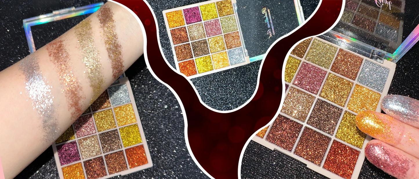 Paleta de sombra de ojos con purpurina de 16 colores, brillo multicolor, acabado de lentejuelas brillantes, maquillaje facial corporal, maquillaje para fiesta y escenario