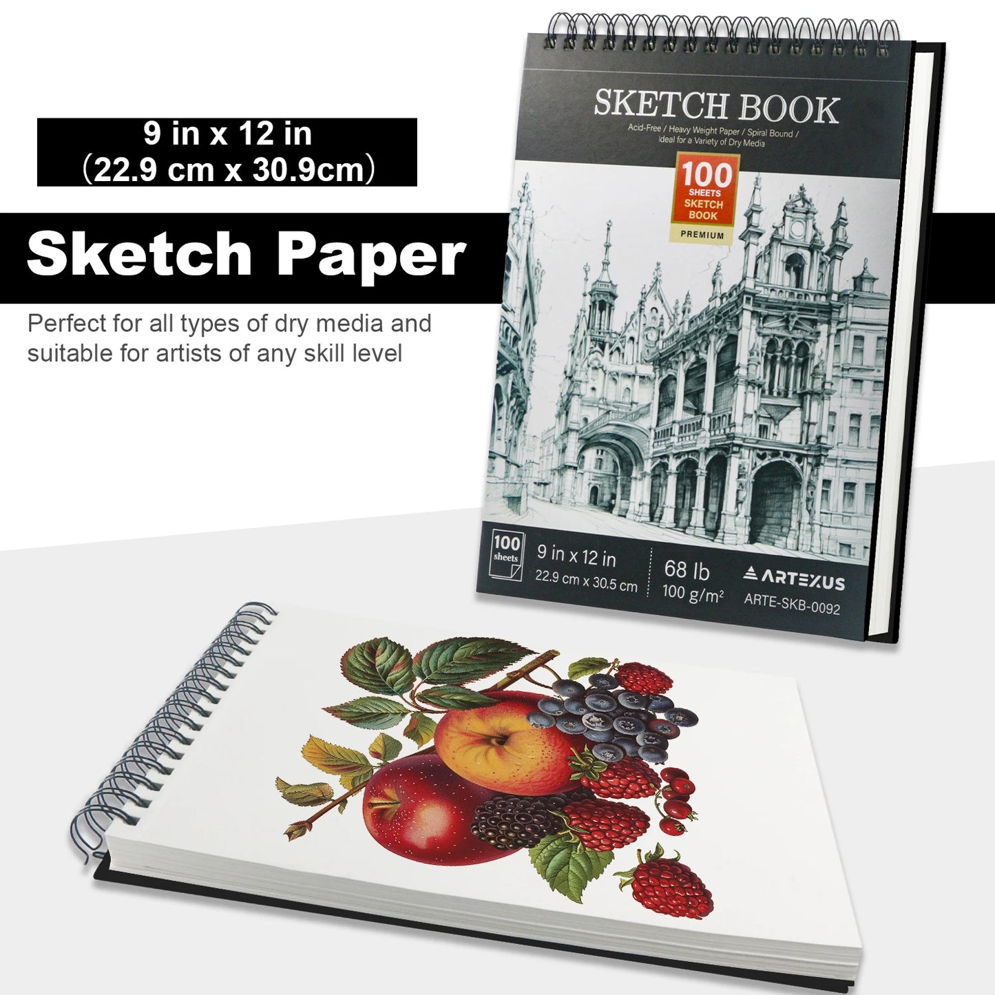 Cuaderno de bocetos de 9 "x 12", bloc de bocetos encuadernado en espiral superior, 100 hojas de papel de dibujo de 68 libras/100 g/m2, 1 paquete
