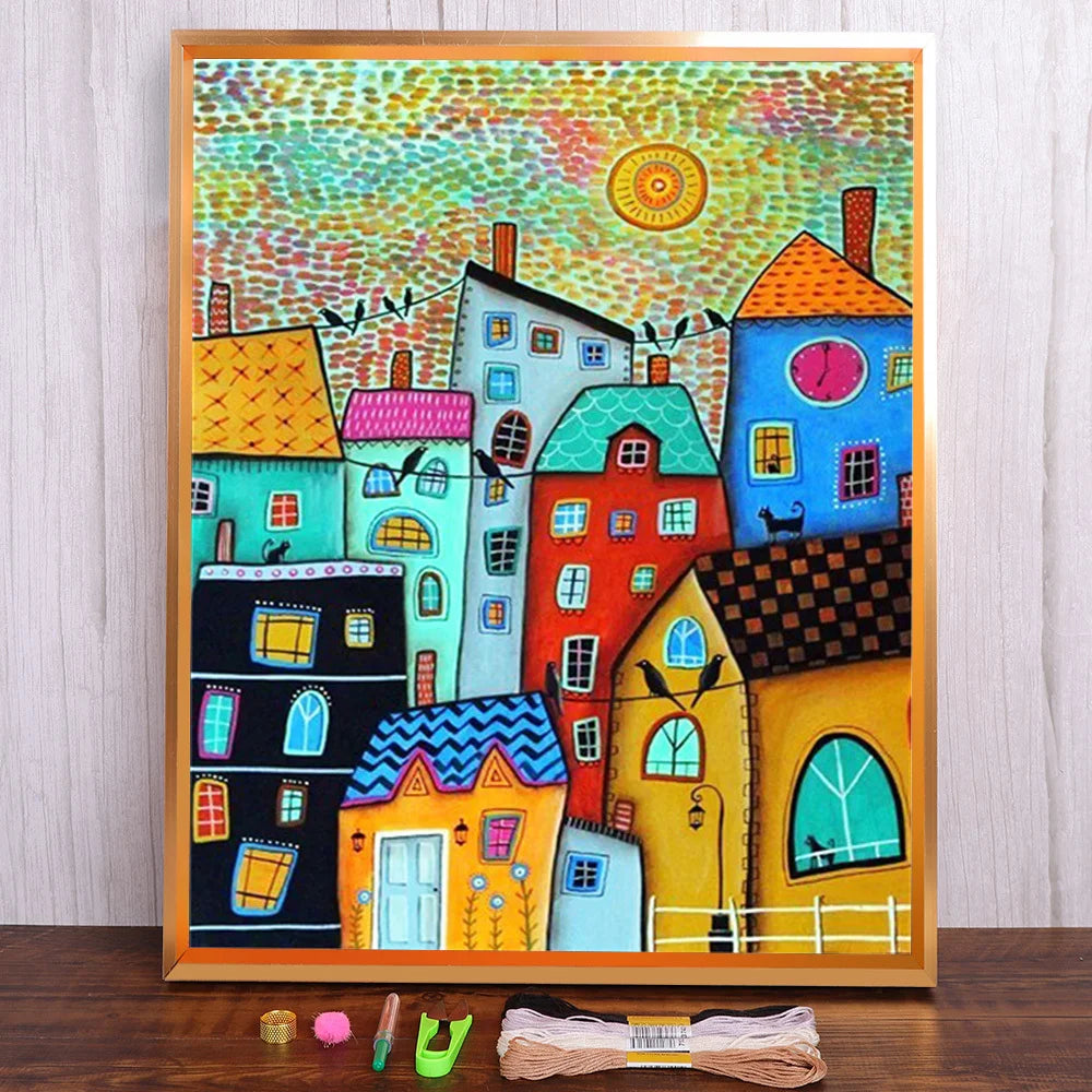Pintura bordada de 11/14CT, casas de dibujos animados, Kits de punto de cruz, lienzo impreso DMC