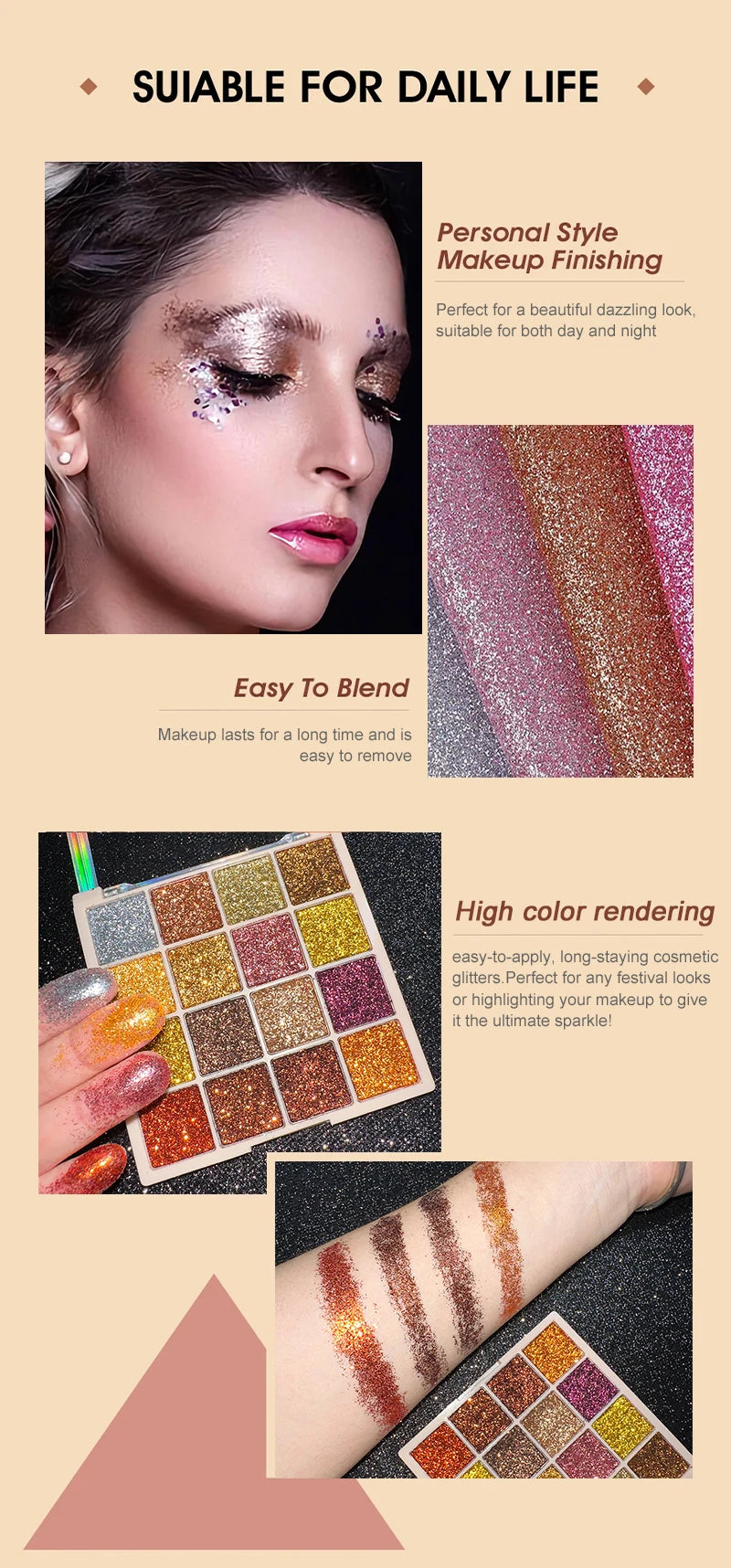 Paleta de sombra de ojos con purpurina de 16 colores, brillo multicolor, acabado de lentejuelas brillantes, maquillaje facial corporal, maquillaje para fiesta y escenario
