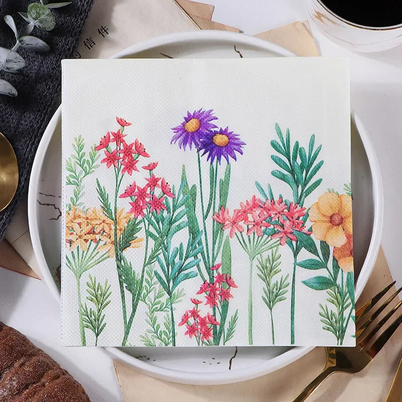 Paquete de 20 Servilletas de Papel Desechables con Diseño de Plantas y Flores, 33x33cm, Decoupage