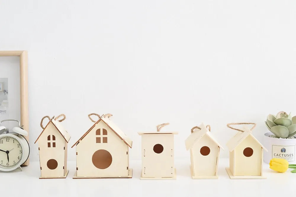 Casa para pájaros de madera con cuerda de cáñamo para colgar, pintar
