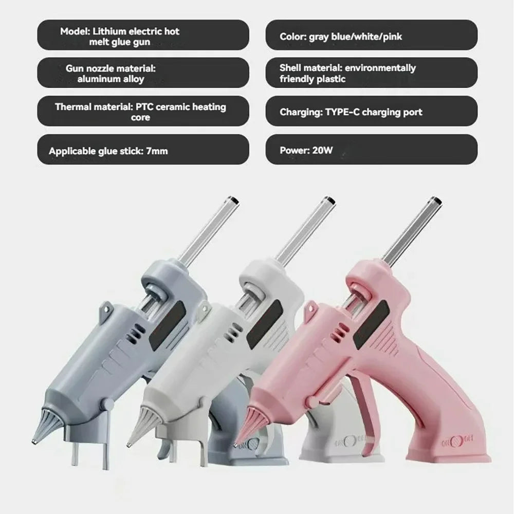 Pistola de pegamento termofusible inalámbrica, 3,7 V, 1800mAh, carga USB, utiliza barras de pegamento de 7mm, antifugas y antiescaldaduras