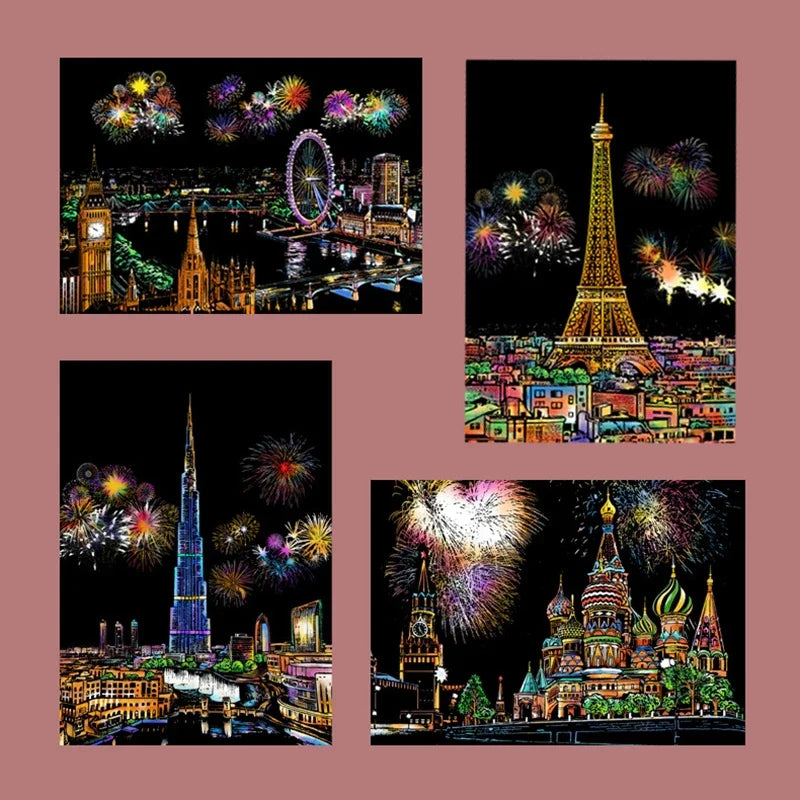 4 unids/set A4 pintura a raspado mágico, vista de ciudad de noche colorida papel de raspar, juguetes de dibujo para niños, 21x29,7 CM