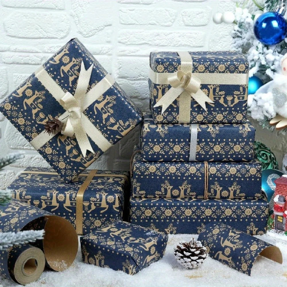 Rollo de papel de regalo navideño, copo de nieve, diseño de renos