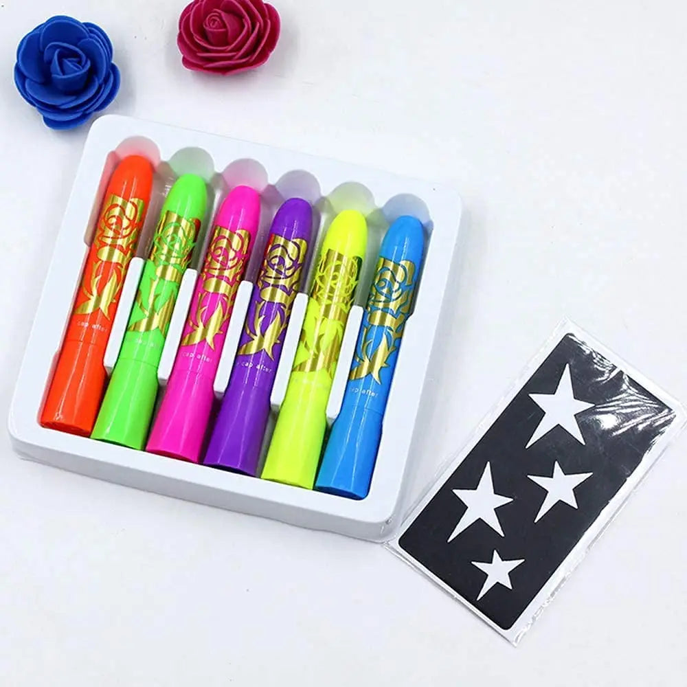 Juego de crayones de pintura para cara y cuerpo, marcador de maquillaje fluorescente, brillante, para Halloween, 6 uds.