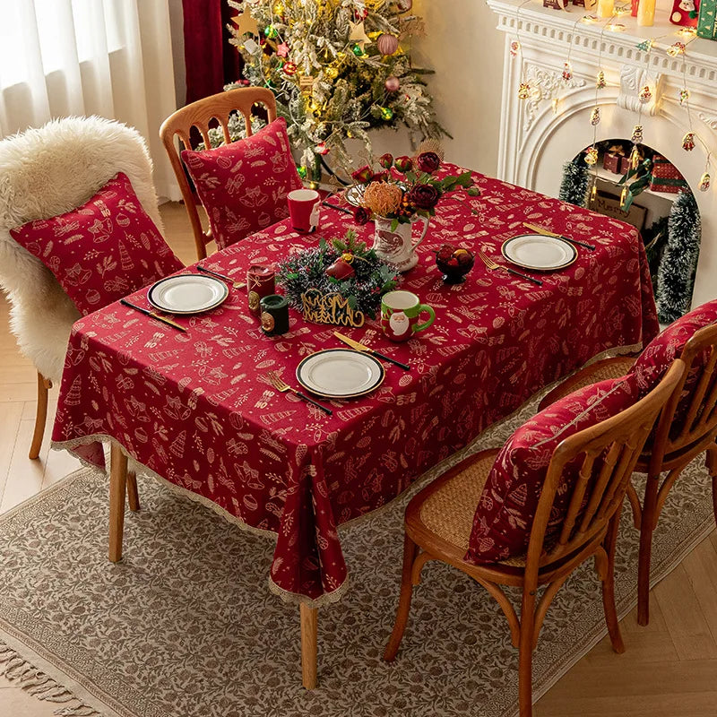 Mantel rojo navideño,  Jacquard, encaje dorado