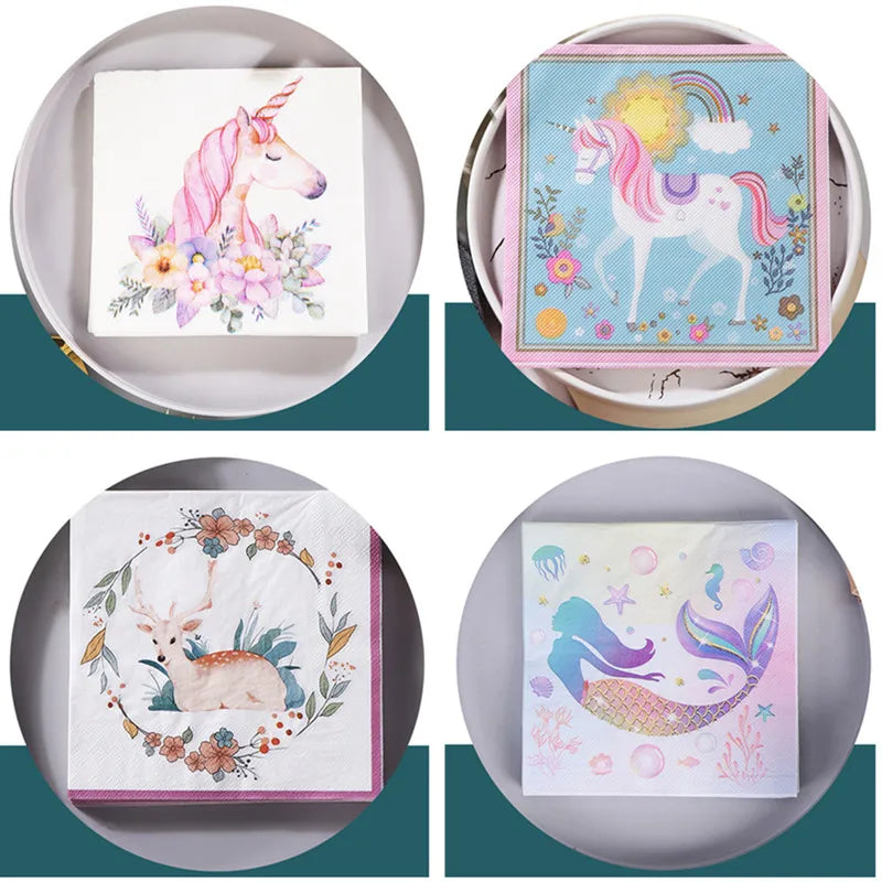 Servilletas de papel desechables con estampado de unicornio y sirena, servilletas de papel para mesa, decoración de fiesta, decoupage, 20 unids/lote por bolsa