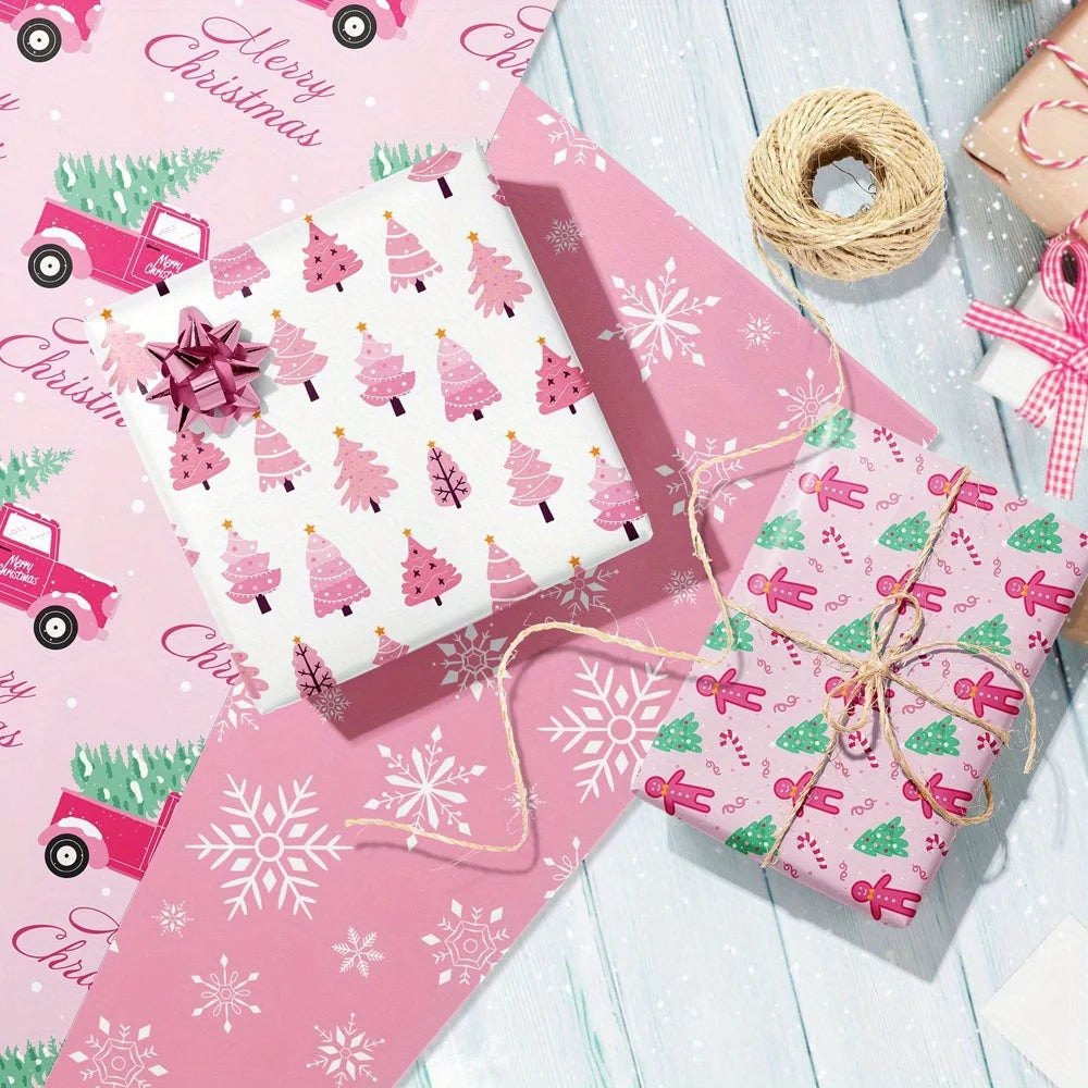 Juego de papel para envolver regalos de Navidad rosa, 6 uds.