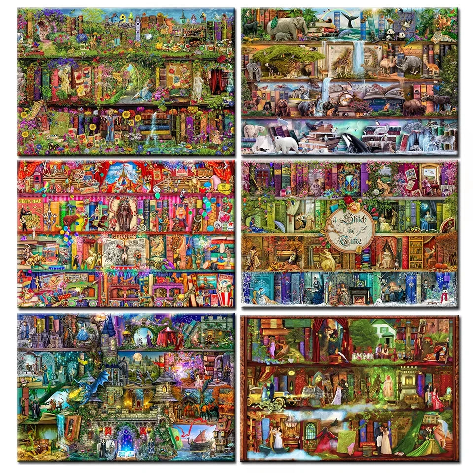 Rompecabezas de 500, 1000, 1200 y 2000 Piezas, Librería con Diseño de Mundo de Fantasía y Paisaje Mágico
