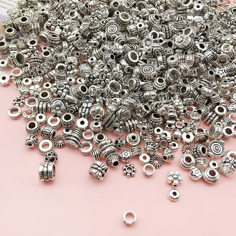 Mostacillas Retro de pentagrama de flor elíptica, joyería de aleación de plata tibetana, 50 piezas