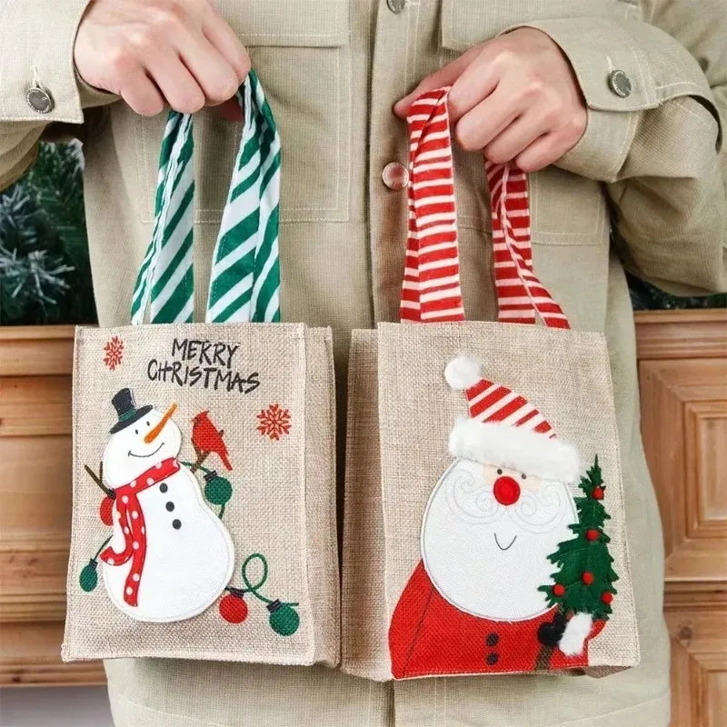 Bolsas de arpillera de Navidad con diseño de Papá Noel y muñeco de nieve, 1-10 Uds.