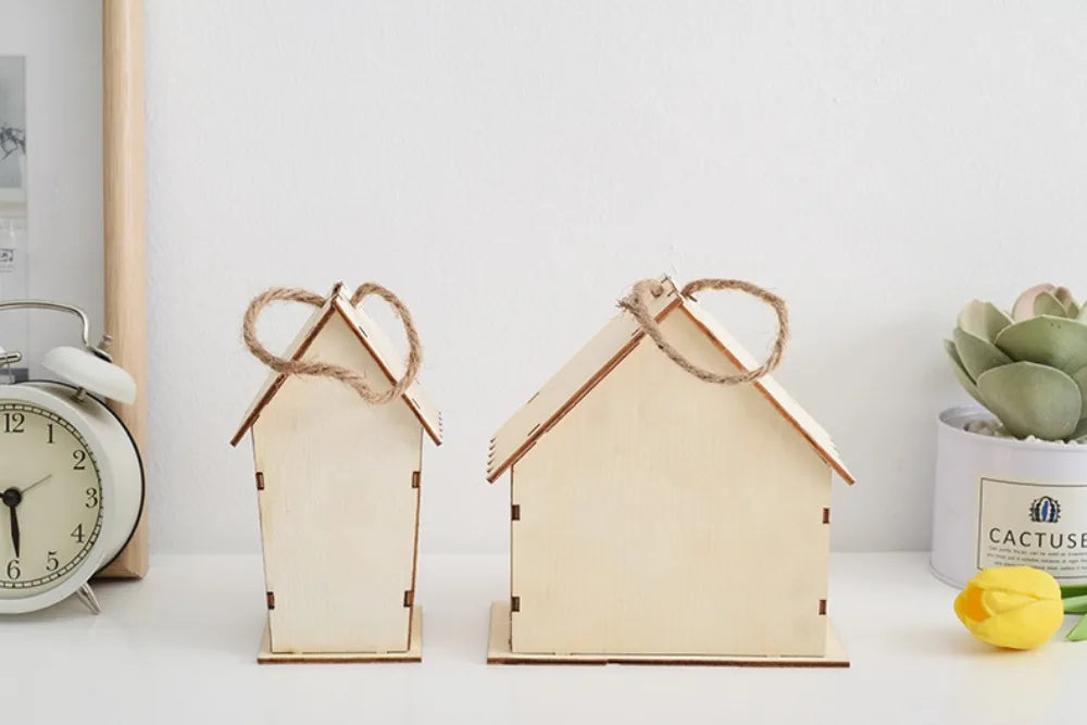 Casa para pájaros de madera con cuerda de cáñamo para colgar, pintar