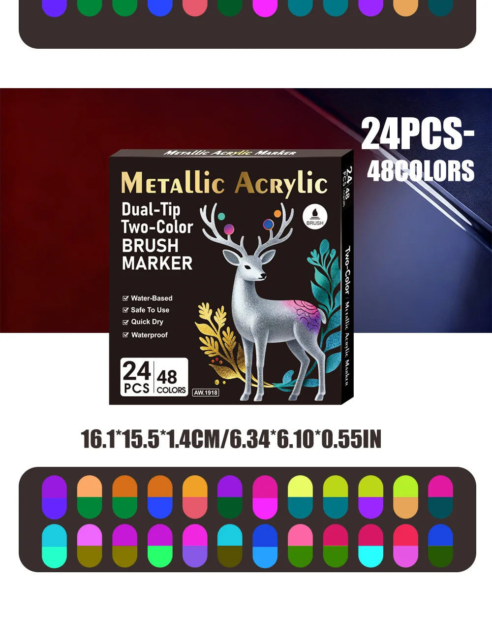 Rotulador acrílico con tinta a base de agua, disponible en 6, 12 y 24 colores, con doble punta