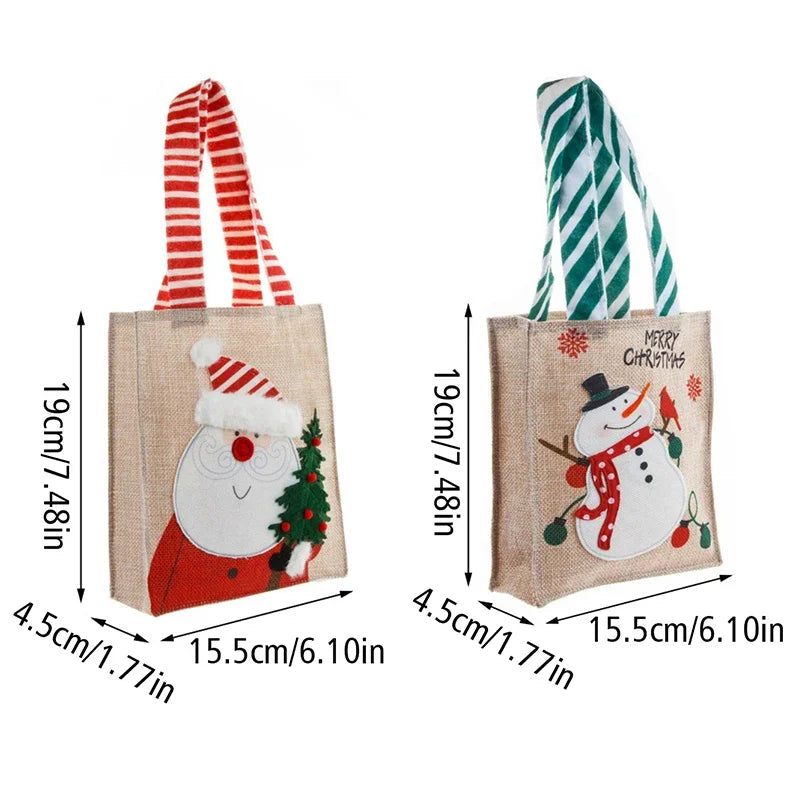 Bolsas de Navidad con estampado de muñeco de nieve y Papá Noel, de yute natural para regalo