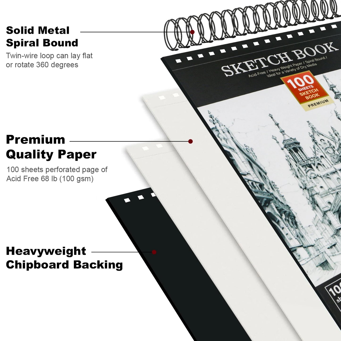 Cuaderno de bocetos de 9 "x 12", bloc de bocetos encuadernado en espiral superior, 100 hojas de papel de dibujo de 68 libras/100 g/m2, 1 paquete