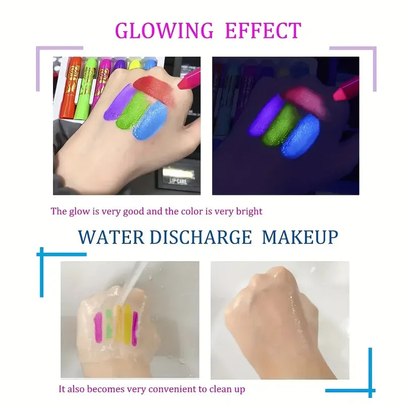 Kit de pintura facial y corporal con brillo UV de neón, crayones de maquillaje, 6 uds./12 Uds.